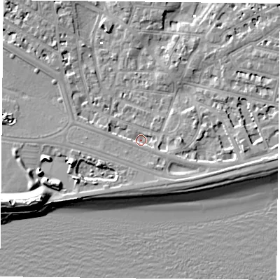 Shaded relief map of the ground around PO52JD, computed from Environment Agency LiDAR. The ground here sits at about 1 m above sea level and falls 13 m across the surrounding 800 m. Surface water reaching this point runs off ground lying to the south-east, 2.4 m higher.