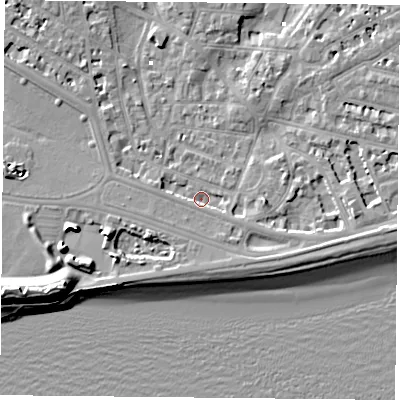 Shaded relief map of the ground around PO52JE, computed from Environment Agency LiDAR. The ground here sits at about 1 m above sea level and falls 13 m across the surrounding 800 m. Surface water reaching this point runs off ground lying to the south-east, 2.4 m higher.