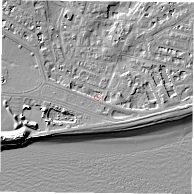 Shaded relief map of the ground around PO52JF, computed from Environment Agency LiDAR. The ground here sits at about 1 m above sea level and falls 13 m across the surrounding 800 m. Surface water reaching this point runs off ground lying to the south-east, 2.4 m higher.