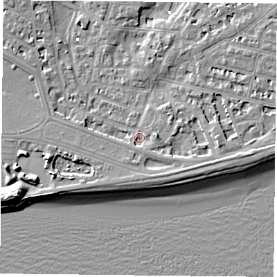 Shaded relief map of the ground around PO52JG, computed from Environment Agency LiDAR. The ground here sits at about 2 m above sea level and falls 13 m across the surrounding 800 m. Surface water reaching this point runs off ground lying to the east, 2.7 m higher.