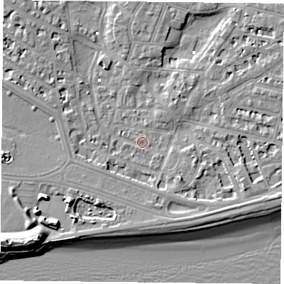 Shaded relief map of the ground around PO52JH, computed from Environment Agency LiDAR. The ground here sits at about 1 m above sea level and falls 13 m across the surrounding 800 m. Surface water reaching this point runs off ground lying to the south-west, 0.9 m higher.