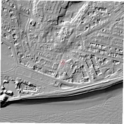Shaded relief map of the ground around PO52JJ, computed from Environment Agency LiDAR. The ground here sits at about 2 m above sea level and falls 13 m across the surrounding 800 m. Surface water reaching this point runs off ground lying to the east-south-east, 4.8 m higher.