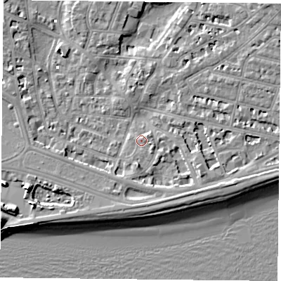 Shaded relief map of the ground around PO52JL, computed from Environment Agency LiDAR. The ground here sits at about 2 m above sea level and falls 10 m across the surrounding 800 m. Surface water reaching this point runs off ground lying to the south, 3.1 m higher.
