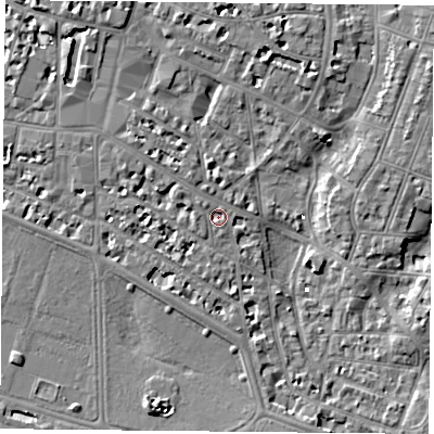 Shaded relief map of the ground around PO52JN, computed from Environment Agency LiDAR. The ground here sits at about 2 m above sea level and falls 7 m across the surrounding 800 m. Surface water reaching this point runs off ground lying to the west-north-west, 1.3 m higher.