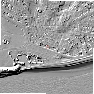 Shaded relief map of the ground around PO52JP, computed from Environment Agency LiDAR. The ground here sits at about 2 m above sea level and falls 13 m across the surrounding 800 m. Surface water reaching this point runs off ground lying to the south-east, 2.2 m higher.