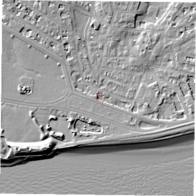 Shaded relief map of the ground around PO52JQ, computed from Environment Agency LiDAR. The ground here sits at about 1 m above sea level and falls 13 m across the surrounding 800 m. Surface water reaching this point runs off ground lying to the south-east, 2.4 m higher.