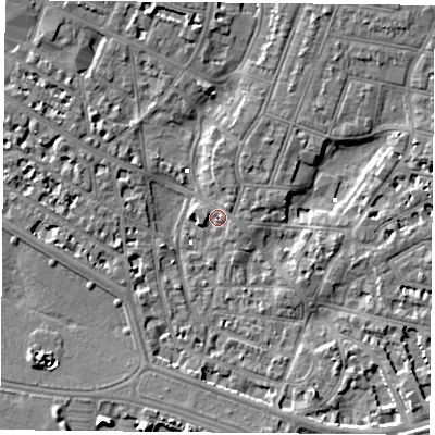 Shaded relief map of the ground around PO52JR, computed from Environment Agency LiDAR. The ground here sits at about 1 m above sea level and falls 9 m across the surrounding 800 m. Surface water reaching this point runs off ground lying to the south-east, 5.9 m higher.