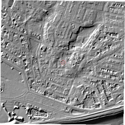 Shaded relief map of the ground around PO52JS, computed from Environment Agency LiDAR. The ground here sits at about 1 m above sea level and falls 10 m across the surrounding 800 m. Surface water reaching this point runs off ground lying to the south-east, 5.9 m higher.