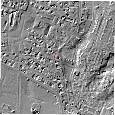 Shaded relief map of the ground around PO52JT, computed from Environment Agency LiDAR. The ground here sits at about 2 m above sea level and falls 7 m across the surrounding 800 m. Surface water reaching this point runs off ground lying to the west, 2.0 m higher.
