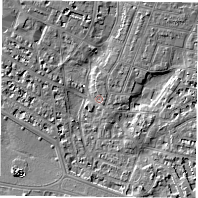 Shaded relief map of the ground around PO52JU, computed from Environment Agency LiDAR. The ground here sits at about 1 m above sea level and falls 6 m across the surrounding 800 m. Surface water reaching this point runs off ground lying to the north-north-east, 5.6 m higher.