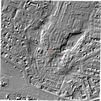 Shaded relief map of the ground around PO52JX, computed from Environment Agency LiDAR. The ground here sits at about 2 m above sea level and falls 9 m across the surrounding 800 m. Surface water reaching this point runs off ground lying to the south-east, 5.9 m higher.