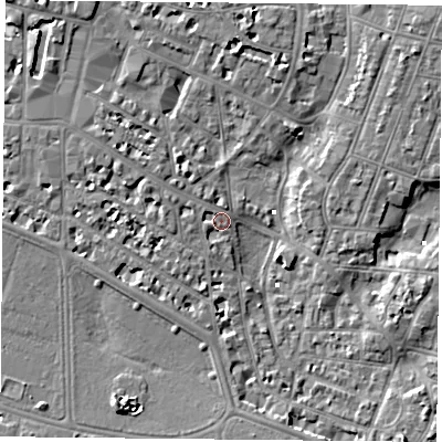 Shaded relief map of the ground around PO52JY, computed from Environment Agency LiDAR. The ground here sits at about 1 m above sea level and falls 7 m across the surrounding 800 m. Surface water reaching this point runs off ground lying to the north-west, 3.0 m higher.