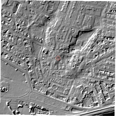 Shaded relief map of the ground around PO52JZ, computed from Environment Agency LiDAR. The ground here sits at about 1 m above sea level and falls 9 m across the surrounding 800 m. Surface water reaching this point runs off ground lying to the south-east, 5.9 m higher.