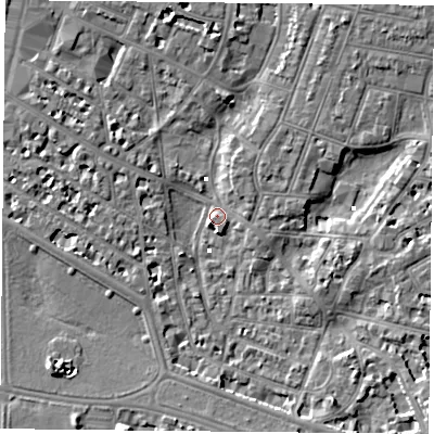 Shaded relief map of the ground around PO52LA, computed from Environment Agency LiDAR. The ground here sits at about 2 m above sea level and falls 9 m across the surrounding 800 m. Surface water reaching this point runs off ground lying to the west, 4.3 m higher.