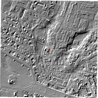Shaded relief map of the ground around PO52LB, computed from Environment Agency LiDAR. The ground here sits at about 1 m above sea level and falls 9 m across the surrounding 800 m. Surface water reaching this point runs off ground lying to the south-west, 6.2 m higher.