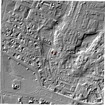 Shaded relief map of the ground around PO52LD, computed from Environment Agency LiDAR. The ground here sits at about 1 m above sea level and falls 9 m across the surrounding 800 m. Surface water reaching this point runs off ground lying to the south-west, 6.2 m higher.