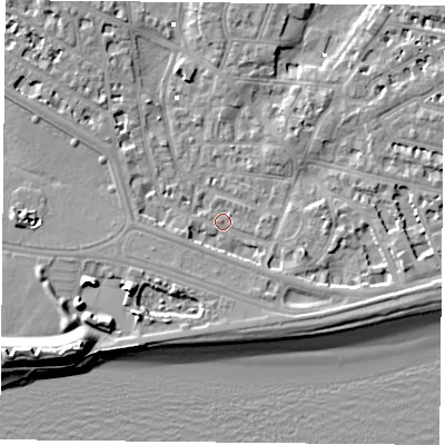 Shaded relief map of the ground around PO52LG, computed from Environment Agency LiDAR. The ground here sits at about 1 m above sea level and falls 13 m across the surrounding 800 m. Surface water reaching this point runs off ground lying to the east-south-east, 3.3 m higher.