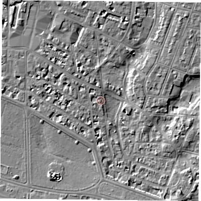 Shaded relief map of the ground around PO52LH, computed from Environment Agency LiDAR. The ground here sits at about 1 m above sea level and falls 7 m across the surrounding 800 m. Surface water reaching this point runs off ground lying to the north-west, 4.1 m higher.