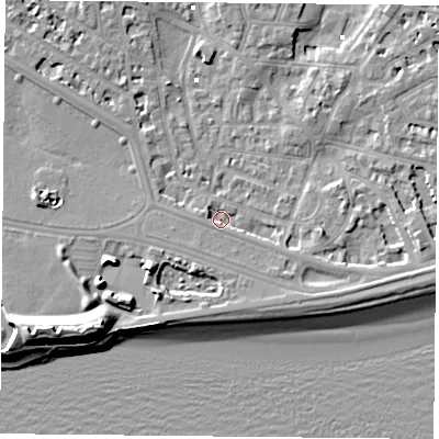 Shaded relief map of the ground around PO52LJ, computed from Environment Agency LiDAR. The ground here sits at about 1 m above sea level and falls 13 m across the surrounding 800 m. Surface water reaching this point runs off ground lying to the south-east, 2.4 m higher.
