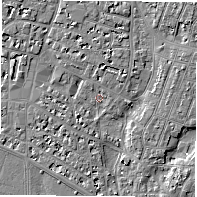 Shaded relief map of the ground around PO52LL, computed from Environment Agency LiDAR. The ground here sits at about 2 m above sea level and falls 7 m across the surrounding 800 m. Surface water reaching this point runs off ground lying to the north, 1.4 m higher.