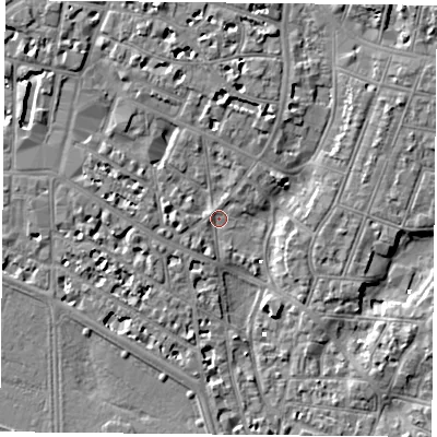 Shaded relief map of the ground around PO52LN, computed from Environment Agency LiDAR. The ground here sits at about 1 m above sea level and falls 6 m across the surrounding 800 m. Surface water reaching this point runs off ground lying to the north-west, 4.9 m higher.