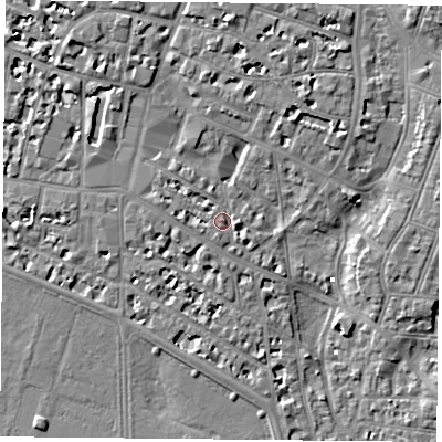 Shaded relief map of the ground around PO52LP, computed from Environment Agency LiDAR. The ground here sits at about 3 m above sea level and falls 6 m across the surrounding 800 m. Surface water reaching this point runs off ground lying to the west-north-west, 2.1 m higher.