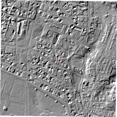 Shaded relief map of the ground around PO52LR, computed from Environment Agency LiDAR. The ground here sits at about 2 m above sea level and falls 7 m across the surrounding 800 m. Surface water reaching this point runs off ground lying to the north-north-west, 1.6 m higher.