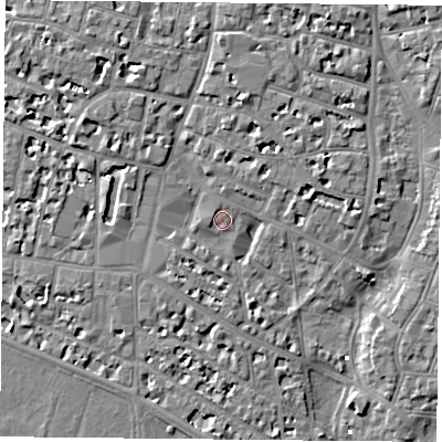 Shaded relief map of the ground around PO52LS, computed from Environment Agency LiDAR. The ground here sits at about 2 m above sea level and falls 6 m across the surrounding 800 m. Surface water reaching this point runs off ground lying to the west-north-west, 4.0 m higher.