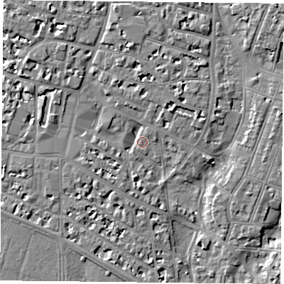 Shaded relief map of the ground around PO52LT, computed from Environment Agency LiDAR. The ground here sits at about 2 m above sea level and falls 7 m across the surrounding 800 m. Surface water reaching this point runs off ground lying to the west-north-west, 4.9 m higher.