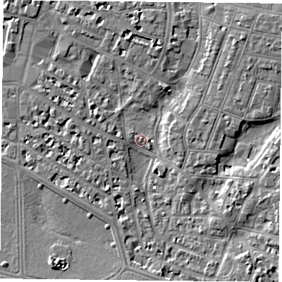 Shaded relief map of the ground around PO52LU, computed from Environment Agency LiDAR. The ground here sits at about 1 m above sea level and falls 6 m across the surrounding 800 m. Surface water reaching this point runs off ground lying to the south-west, 6.2 m higher.