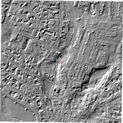 Shaded relief map of the ground around PO52LX, computed from Environment Agency LiDAR. The ground here sits at about 1 m above sea level and falls 6 m across the surrounding 800 m. Surface water reaching this point runs off ground lying to the north-north-west, 5.8 m higher.