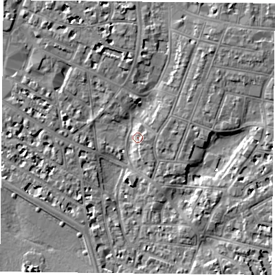Shaded relief map of the ground around PO52LY, computed from Environment Agency LiDAR. The ground here sits at about 2 m above sea level and falls 6 m across the surrounding 800 m. Surface water reaching this point runs off ground lying to the north-north-west, 5.9 m higher.