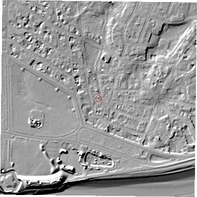 Shaded relief map of the ground around PO52LZ, computed from Environment Agency LiDAR. The ground here sits at about 2 m above sea level and falls 13 m across the surrounding 800 m. Surface water reaching this point runs off ground lying to the south-west, 10.5 m higher.