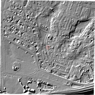 Shaded relief map of the ground around PO52NA, computed from Environment Agency LiDAR. The ground here sits at about 0 m above sea level and falls 9 m across the surrounding 800 m. Surface water reaching this point runs off ground lying to the south-south-west, 9.0 m higher.
