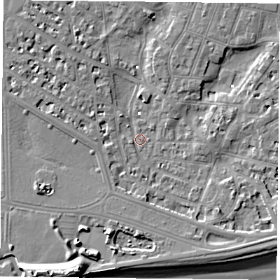 Shaded relief map of the ground around PO52NB, computed from Environment Agency LiDAR. The ground here sits at about 1 m above sea level and falls 13 m across the surrounding 800 m. Surface water reaching this point runs off ground lying to the south-west, 12.3 m higher.