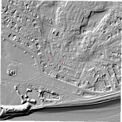 Shaded relief map of the ground around PO52NE, computed from Environment Agency LiDAR. The ground here sits at about 1 m above sea level and falls 13 m across the surrounding 800 m. Surface water reaching this point runs off ground lying to the east-south-east, 4.7 m higher.