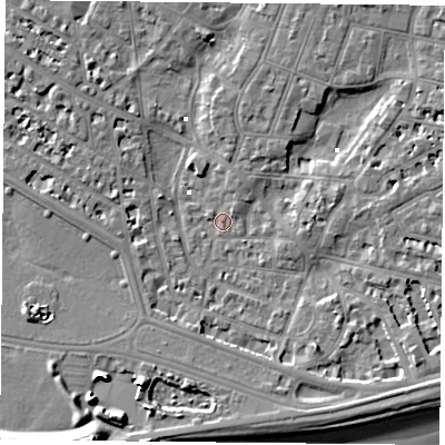 Shaded relief map of the ground around PO52NF, computed from Environment Agency LiDAR. The ground here sits at about 1 m above sea level and falls 12 m across the surrounding 800 m. Surface water reaching this point runs off ground lying to the south-east, 5.9 m higher.