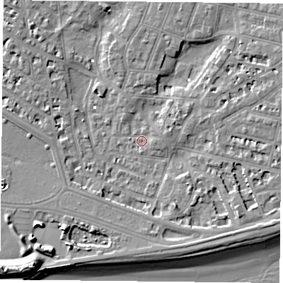 Shaded relief map of the ground around PO52NG, computed from Environment Agency LiDAR. The ground here sits at about 1 m above sea level and falls 13 m across the surrounding 800 m. Surface water reaching this point runs off ground lying to the south-east, 4.7 m higher.