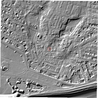 Shaded relief map of the ground around PO52NH, computed from Environment Agency LiDAR. The ground here sits at about 1 m above sea level and falls 13 m across the surrounding 800 m. Surface water reaching this point runs off ground lying to the south-east, 5.9 m higher.