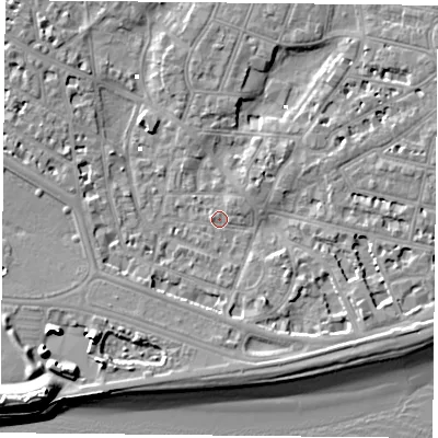 Shaded relief map of the ground around PO52NJ, computed from Environment Agency LiDAR. The ground here sits at about 1 m above sea level and falls 13 m across the surrounding 800 m. Surface water reaching this point runs off ground lying to the east-south-east, 4.7 m higher.