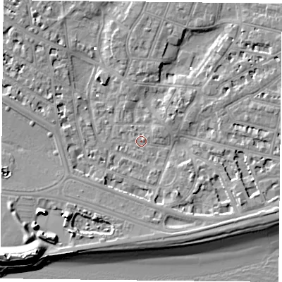 Shaded relief map of the ground around PO52NL, computed from Environment Agency LiDAR. The ground here sits at about 1 m above sea level and falls 13 m across the surrounding 800 m. Surface water reaching this point runs off ground lying to the east-south-east, 4.7 m higher.