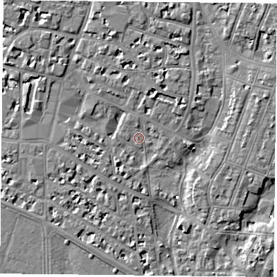 Shaded relief map of the ground around PO52NP, computed from Environment Agency LiDAR. The ground here sits at about 2 m above sea level and falls 7 m across the surrounding 800 m. Surface water reaching this point runs off ground lying to the west-north-west, 5.2 m higher.
