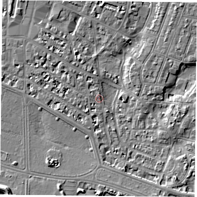 Shaded relief map of the ground around PO52NR, computed from Environment Agency LiDAR. The ground here sits at about 2 m above sea level and falls 9 m across the surrounding 800 m. Surface water reaching this point runs off ground lying to the west-north-west, 2.8 m higher.