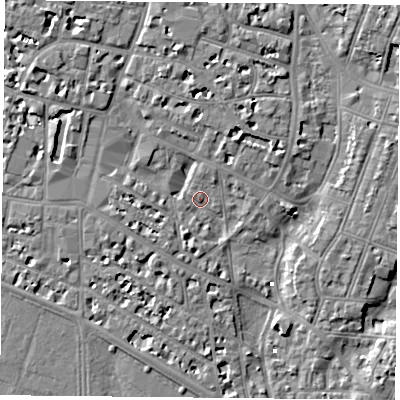 Shaded relief map of the ground around PO52NS, computed from Environment Agency LiDAR. The ground here sits at about 1 m above sea level and falls 7 m across the surrounding 800 m. Surface water reaching this point runs off ground lying to the west-north-west, 5.2 m higher.