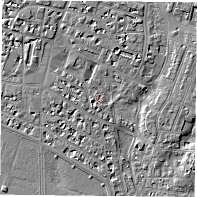 Shaded relief map of the ground around PO52NT, computed from Environment Agency LiDAR. The ground here sits at about 2 m above sea level and falls 7 m across the surrounding 800 m. Surface water reaching this point runs off ground lying to the west-south-west, 3.0 m higher.