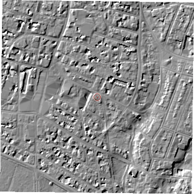 Shaded relief map of the ground around PO52NU, computed from Environment Agency LiDAR. The ground here sits at about 3 m above sea level and falls 7 m across the surrounding 800 m. Surface water reaching this point runs off ground lying to the north-east, 2.4 m higher.