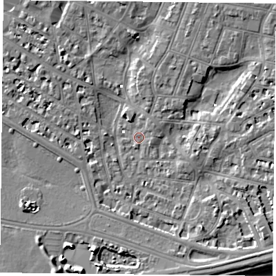 Shaded relief map of the ground around PO52NX, computed from Environment Agency LiDAR. The ground here sits at about 0 m above sea level and falls 9 m across the surrounding 800 m. Surface water reaching this point runs off ground lying to the south-east, 5.9 m higher.