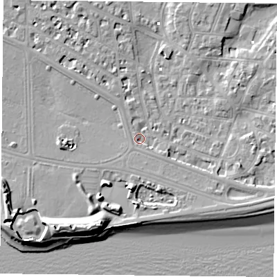 Shaded relief map of the ground around PO52NY, computed from Environment Agency LiDAR. The ground here sits at about 2 m above sea level and falls 13 m across the surrounding 800 m. Surface water reaching this point runs off ground lying to the south-east, 2.4 m higher.
