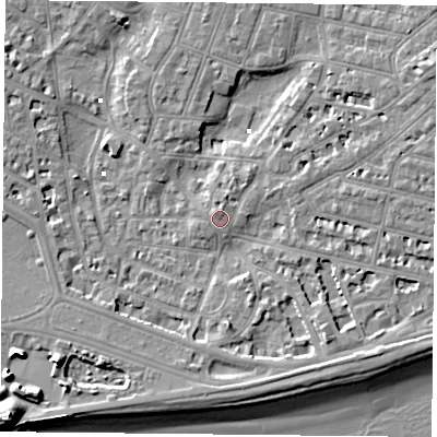Shaded relief map of the ground around PO52PA, computed from Environment Agency LiDAR. The ground here sits at about 2 m above sea level and falls 13 m across the surrounding 800 m. Surface water reaching this point runs off ground lying to the north-east, 1.4 m higher.