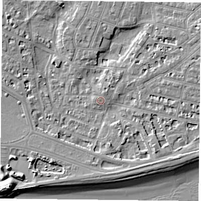 Shaded relief map of the ground around PO52PB, computed from Environment Agency LiDAR. The ground here sits at about 2 m above sea level and falls 13 m across the surrounding 800 m. Surface water reaching this point runs off ground lying to the south-east, 4.7 m higher.